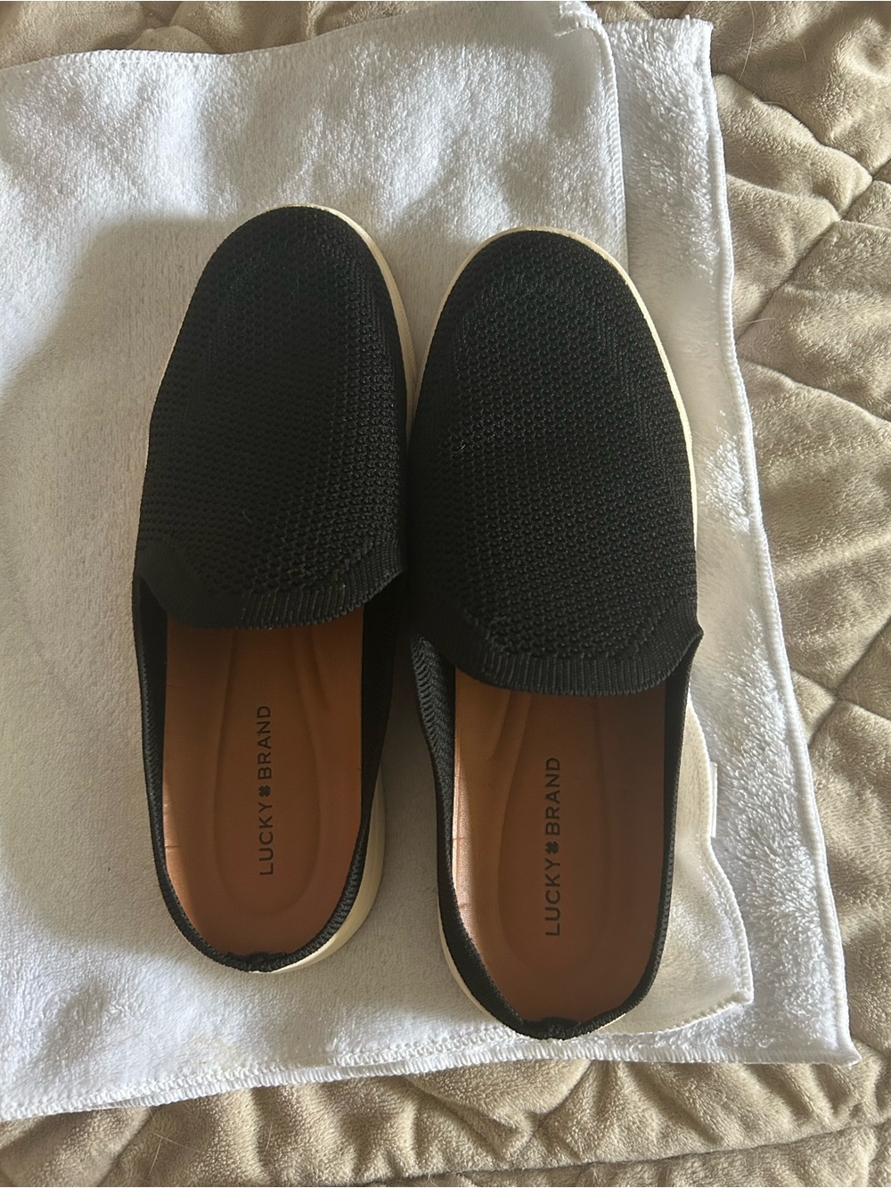 Lucky Brand Black Knit Slip-On Sneakers with Tan Insole